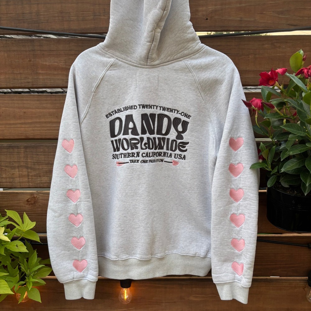 Dandy Worldwide Hoodie Small Grey Good Pink Heart Sleeve Embroidered Streetwear